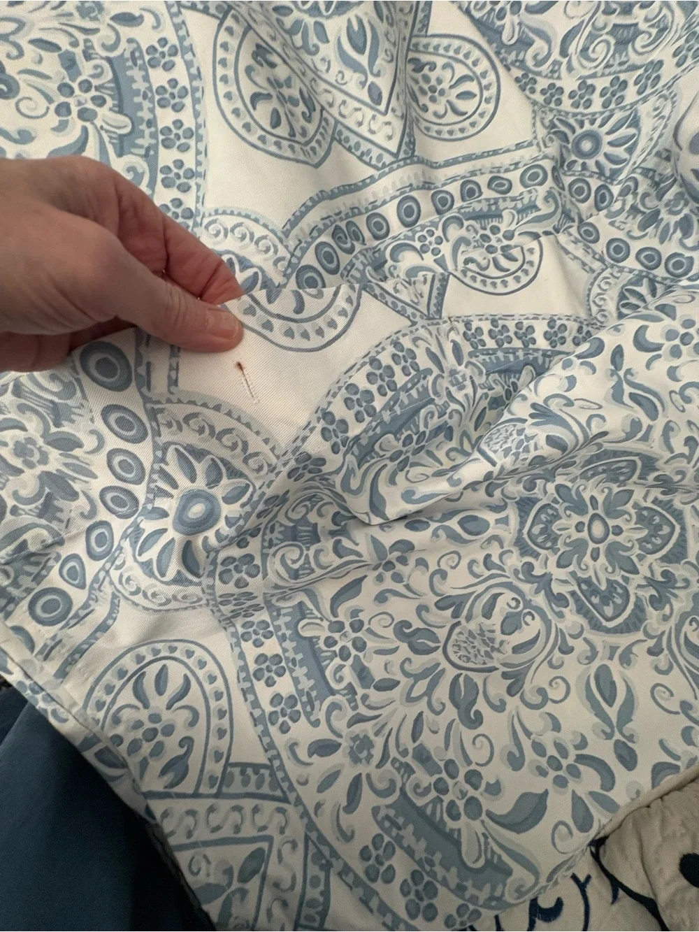 Blue and White Medallion shower curtain - with button hole opening for hooks